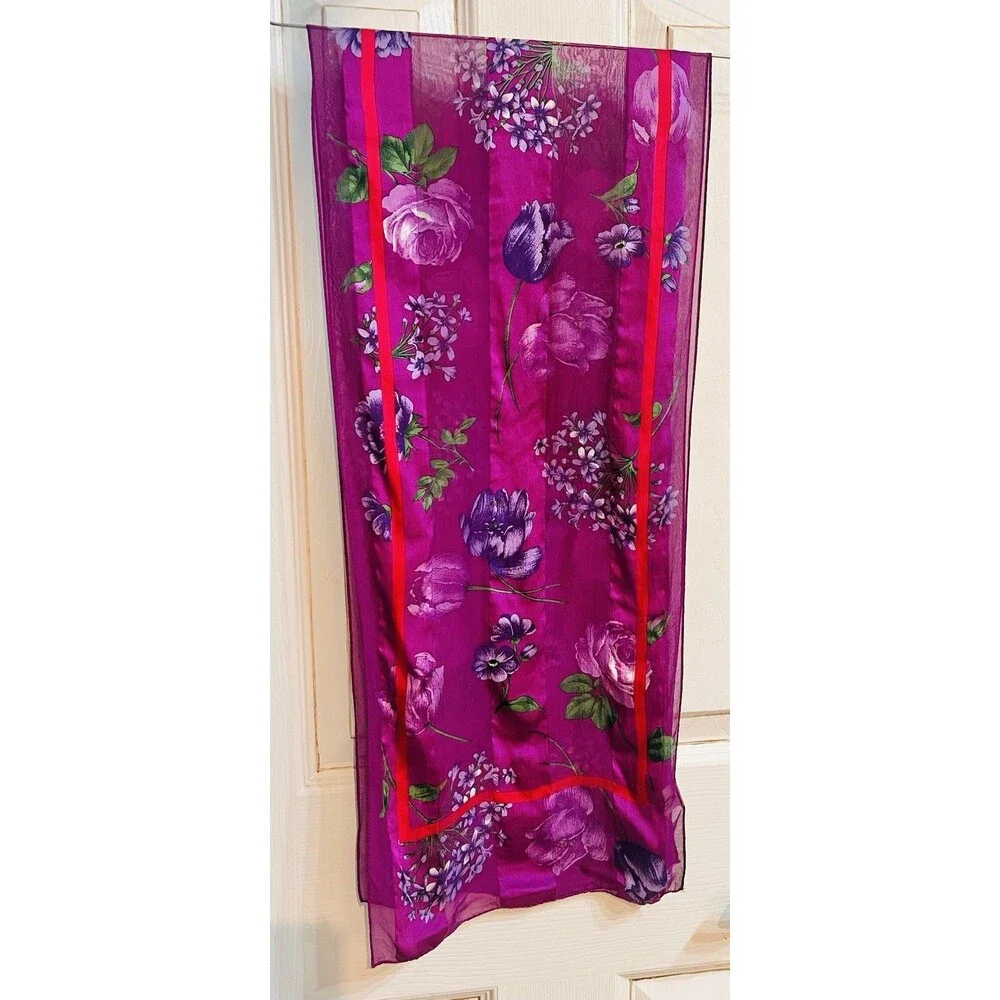 Accessory Street 100% Silk Chiffon Rectangle Scarf Purple Floral Logo Dry Clean